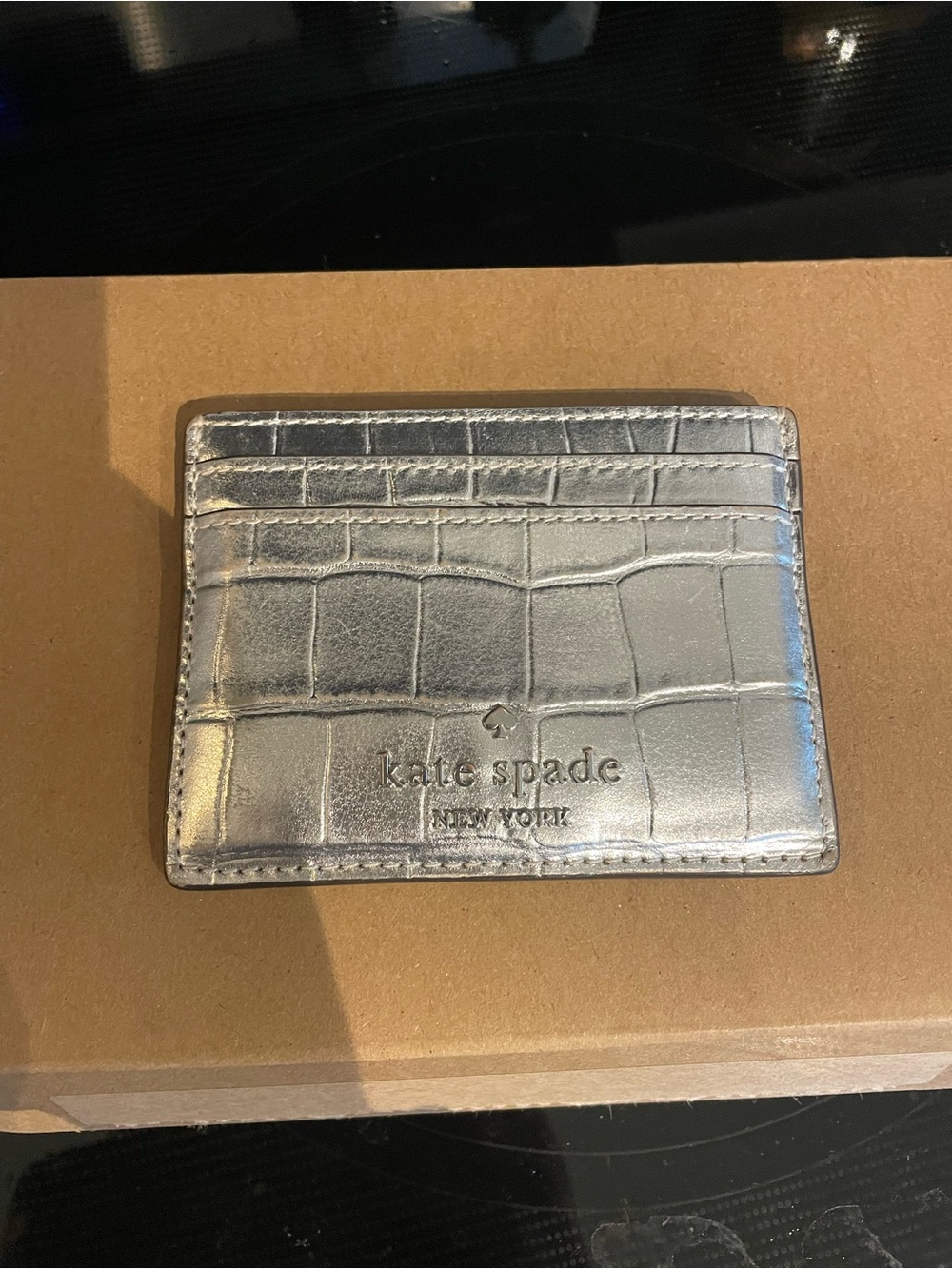 kate spade Metallic Silver Croc-Embossed Card Holder